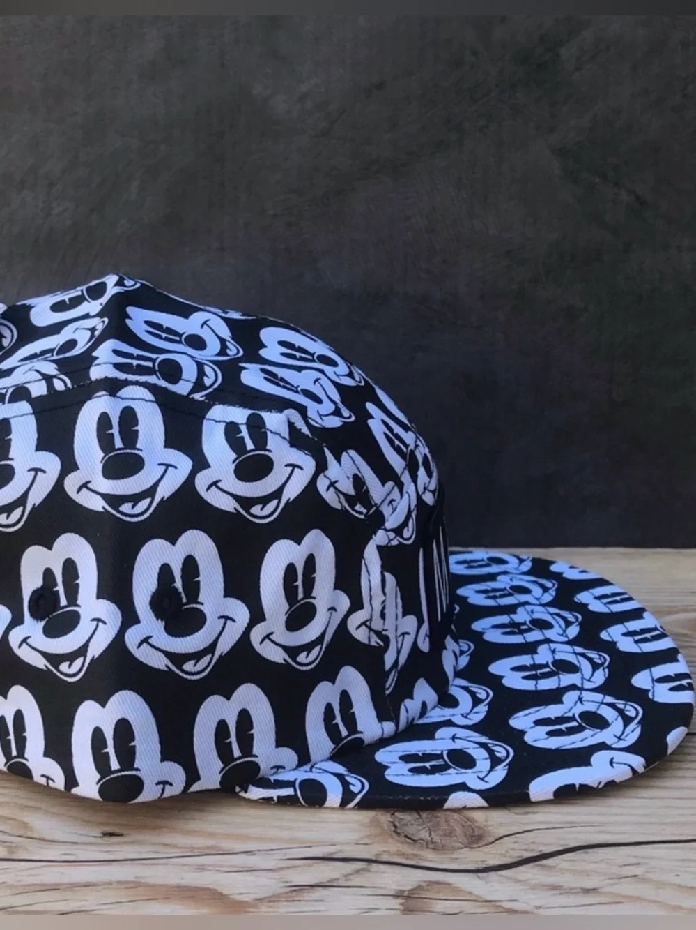 MKY28 Mickey Mouse Black White Allover Print 5-Panel Snapback Hat Disney